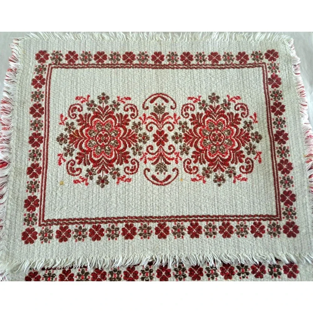 Woven Folk Art Placemats Austria Set of 4 Fringe Cotton Linen 12x15 Red Floral